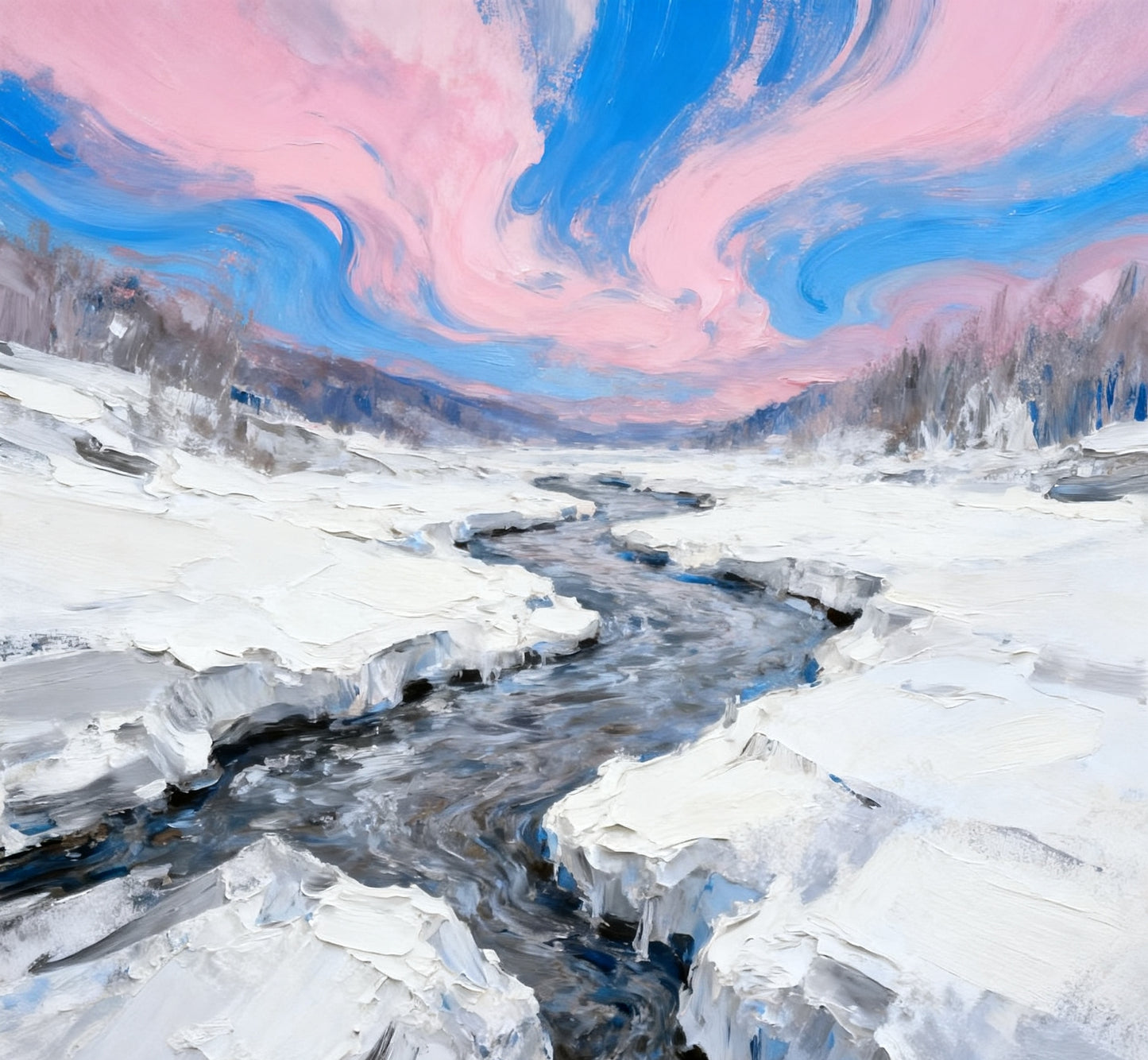 #DA2500563 Winter Stream Under Pink - Blue Skies