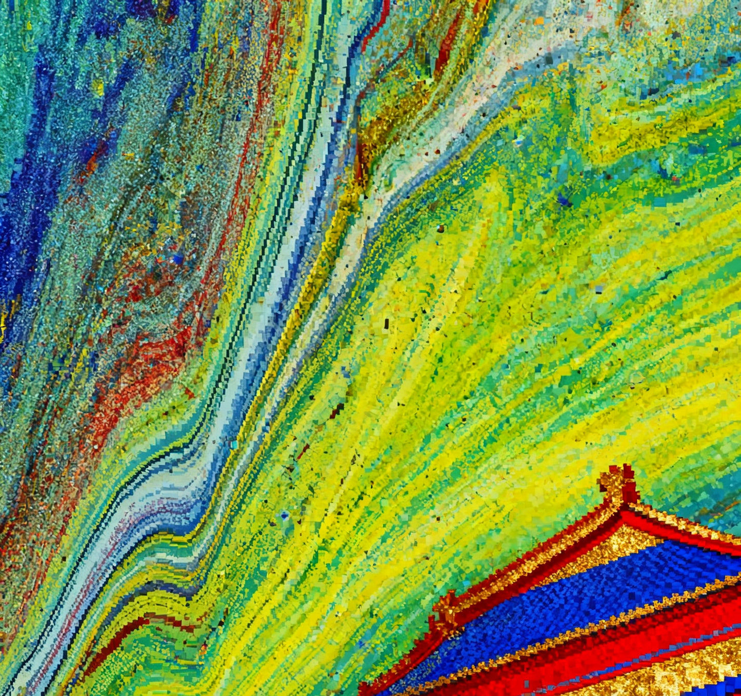 #DA2500628 Pixelated Fusion of Traditional Architecture and Vibrant Colors